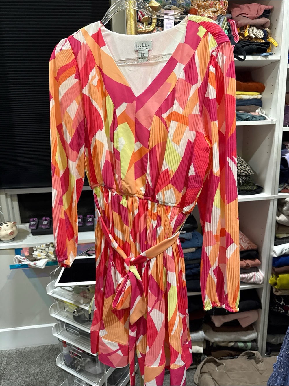 Nicole Miller V-Neck Long Sleeve Abstract Print Midi Dress Pink Orange medium - Picture 2 of 8